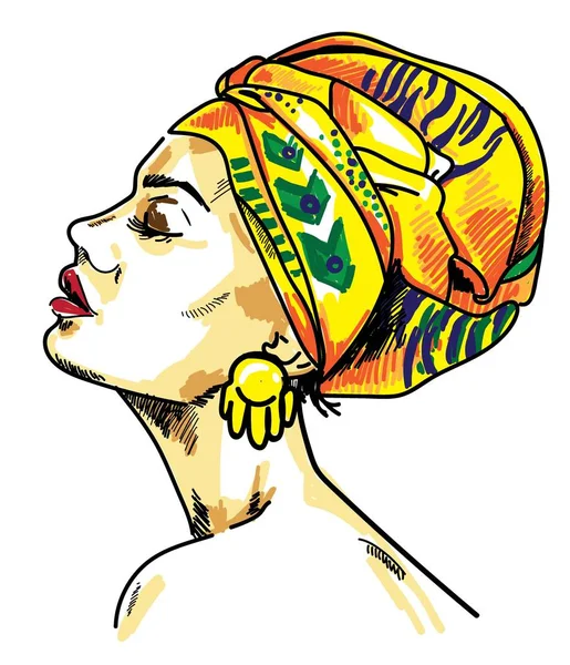 Kafasında atkı olan kız. Aptalı olan doğulu bir kız, Afrikalı. Egzotik, zeki bir kız. Çok renkli çizim.