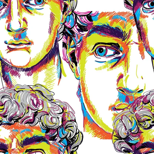 Yunan heykelleri ile dikişsiz desen. Erkeklerin yüzleri. Şık renkli arka plan. pop art, modern antik.