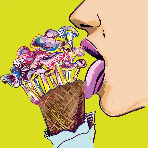 Şık baskı kız mantar yalıyor. Dondurma mantarı. Halüsinojenik mantarlar. Pop art, arsız, gençlik afişi.