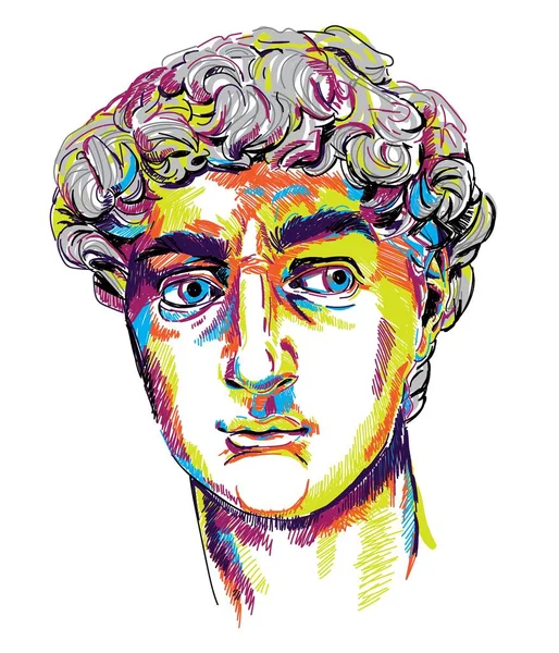 Greek sculpture young man. Greek statue Renewal, famous sculpture. Drawing markers, pop art. Stylish poster. — Stock Illustration Greek Sculpture Young Man Greek Statue Renewal Famous Sculpture Drawing Vector Graphics