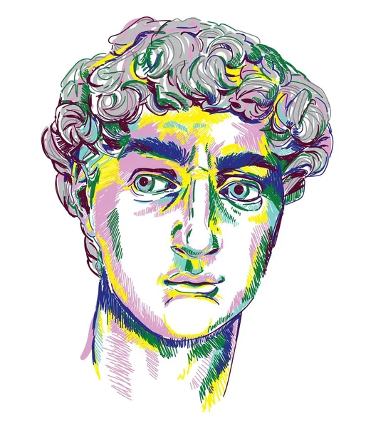 Greek sculpture young man. Greek statue Renewal, famous sculpture. Drawing markers, pop art. Stylish poster. — Stock Illustration Greek Sculpture Young Man Greek Statue Renewal Famous Sculpture Drawing Stock Vector