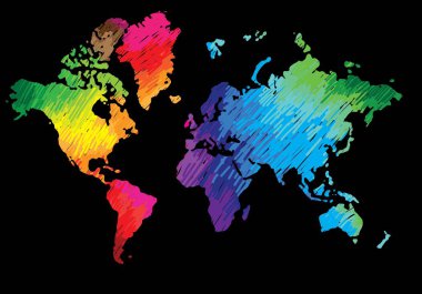 Dünya haritası. Kıtalar ve ülkeler. Yeryüzünün düz haritası. Barış, aşk, müzik ve sanat. Pasifizm. Çok renkli çizim işaretleri. Parlak renkler.