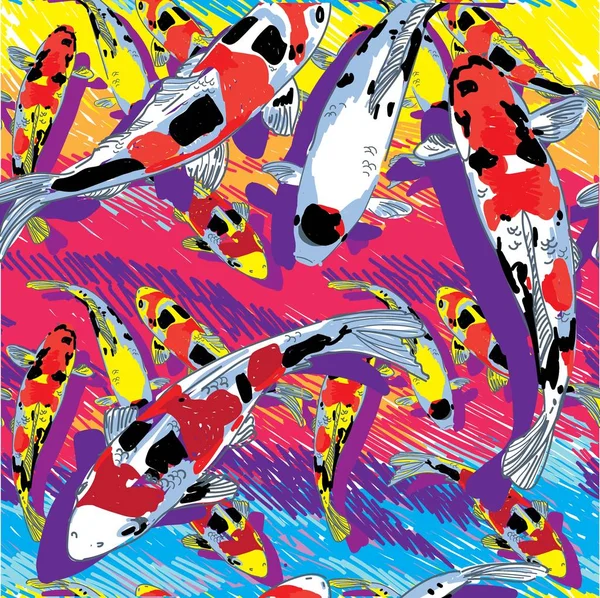 Koi sazanları ile dikişsiz desen. Gölde balık. Çok renkli sazanlar. Şık desen, Japon deseni.