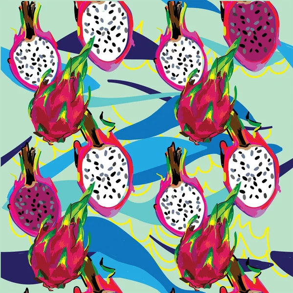 Seamless Pattern Exotic Fruits Dragon Fruit Juicy Colorful Background Summer — Stock Vector