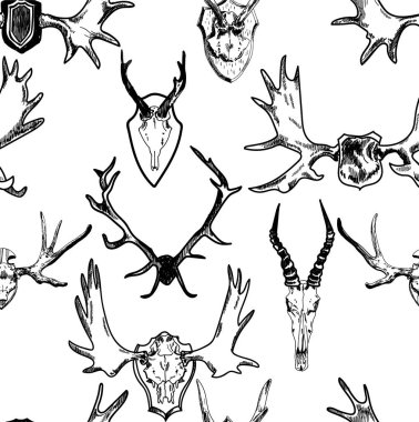 Avcılık kupa ile dikişsiz desen. Geyik kafatası boynuzu. Vintage tarzda elle çizim.