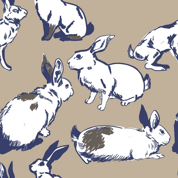 Patrón Sin Costuras Con Liebres Conejos Dibujo Mano Estilo Intazhnom — Archivo Imágenes Vectoriales