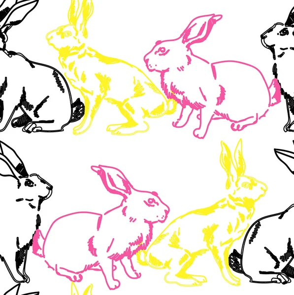Patrón Sin Costuras Con Liebres Conejos Dibujo Mano Estilo Intazhnom — Archivo Imágenes Vectoriales