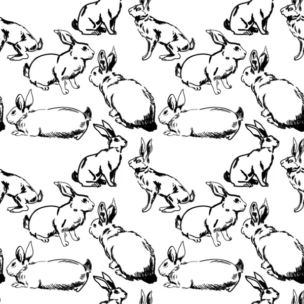 Бесшовный Рисунок Зайцами Кроликами Рисунок Вручную Интажном Стиле Фон Животными — стоковый вектор