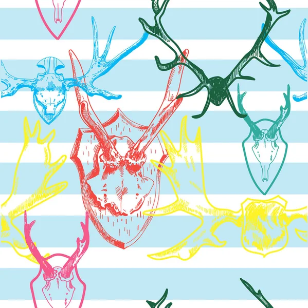 Seamless pattern with hunting trophies. Horn of a deer skull. Drawing by hand in vintage style.