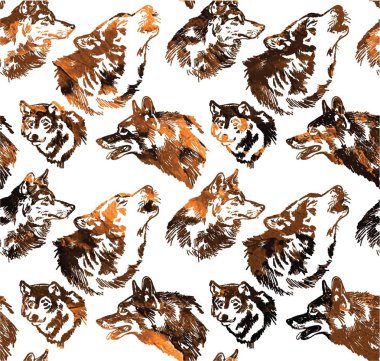 Kurtlarla kusursuz desen. Vahşi kurtlar, köpekler. Vintage arka plan. Serbest çizim.