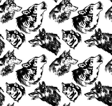 Kurtlarla kusursuz desen. Vahşi kurtlar, köpekler. Vintage arka plan. Serbest çizim.