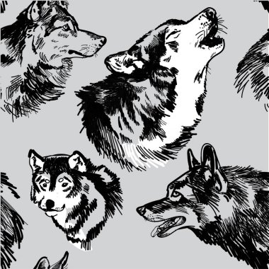 Kurtlarla kusursuz desen. Vahşi kurtlar, köpekler. Vintage arka plan. Serbest çizim.