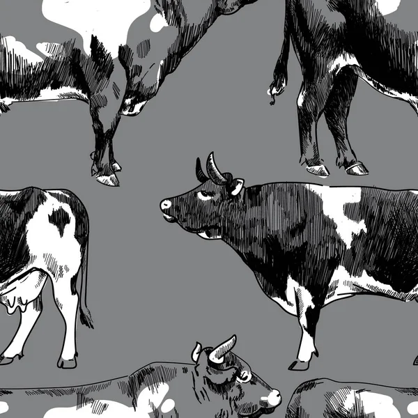 无缝带的奶牛图案 复古背景 牛和公牛 纹理水彩画 — 图库矢量图片