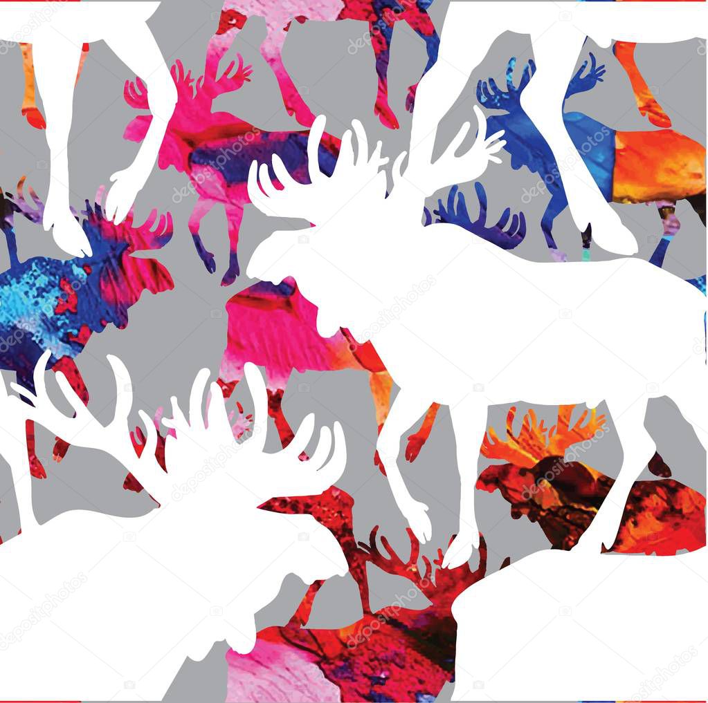 Seamless pattern with deers and elks. Texture paint. Bright multicolored background.