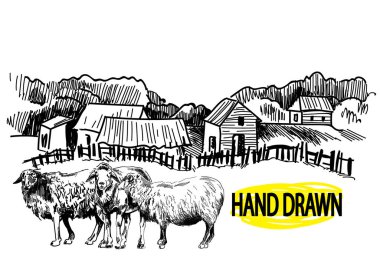 Köy, küçük bir çiftlik. Çitin dışındaki ahşap evler. Vintage tarzda elle çizim. Koyun sürüsü.