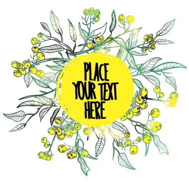 Böğürtlen li ve çiçekli çelenk. Vintage tarzı elle çizim . Metin için tasarımcı boş.