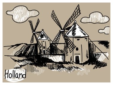 Hollanda. Klasik tarzda elle çizim yapmak. Yel değirmenleriyle manzara.