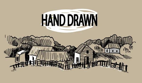 Byn Liten Ranch Trähus Utanför Staketet Teckning För Hand Vintagestil — Stock vektor