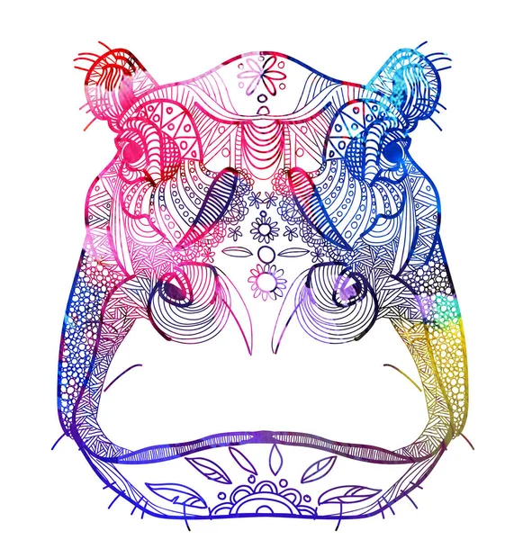 Hippo Head Meditative Coloring Doodling Coloring Patterns Stripes Dots — Stock Vector