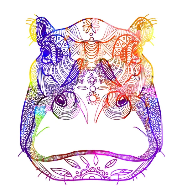 Hippo Head Meditative Coloring Doodling Coloring Patterns Stripes Dots — Stock Vector