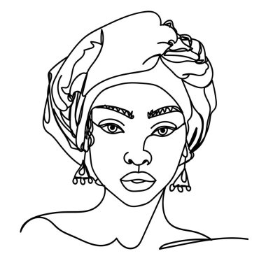 Kafasında eşarp olan esmer tenli bir kız, türbanlı bir kız. Afrikalı. Bir çizgi çizimi.