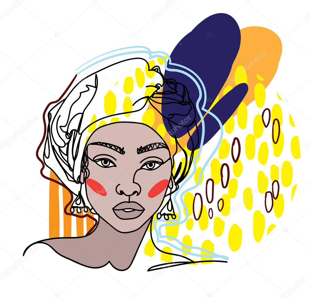 dark-skinned Girl with a scarf on her head, a girl in a turban. African. One line drawing.