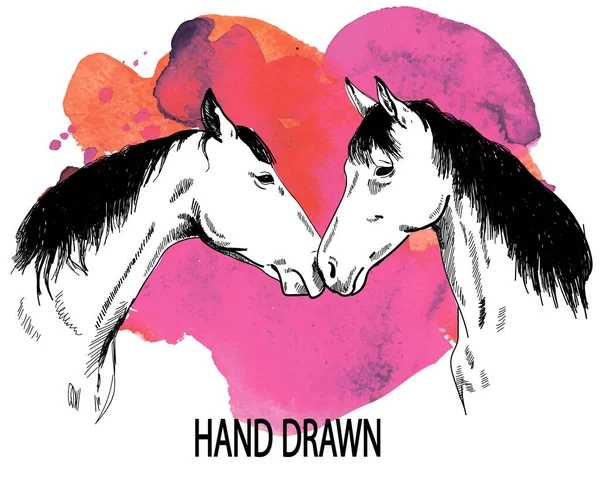 Two horses. Drawing by hand . Valentine , sweet card . Boy and girl . — Stock Illustration Two Horses Drawing Hand Valentine Sweet Card Boy Girl Vector Graphics