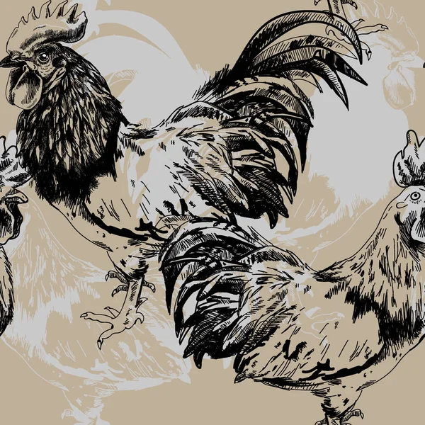 Patrón Sin Costuras Con Pollos Gallos Dibujo Mano Estilo Vintage — Archivo Imágenes Vectoriales