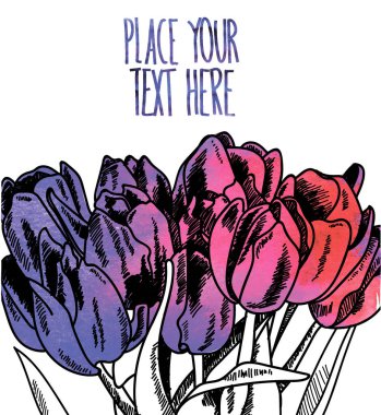 Lalelerle donatılmış şık bir arka plan. Klasik tarzda elle çizim yapmak. Doku suluboya boya.