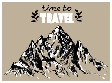 Dağlar. Vektör serbest çizim. Kart için stok yapıyorum, poster. Seyahat zamanı..