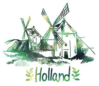 Hollanda. Klasik tarzda elle çizim yapmak. Yel değirmenleriyle manzara.