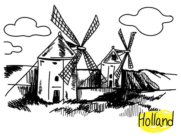 オランダだ ヴィンテージスタイルで手描き 風車のある風景 — ストックベクタ