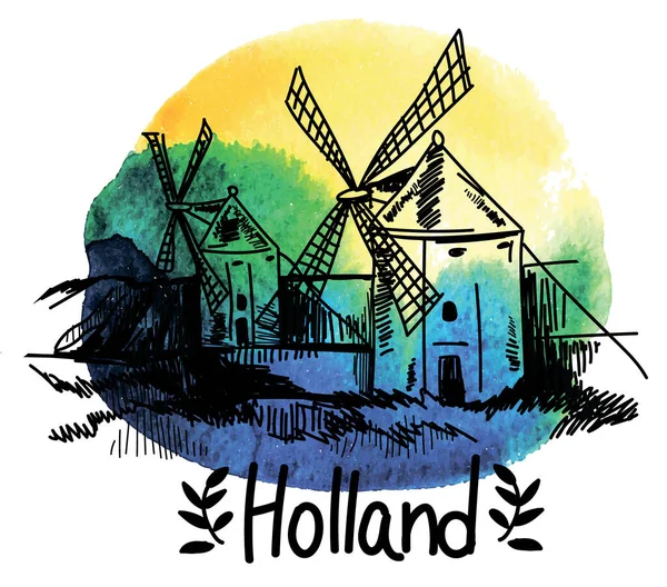オランダだ ヴィンテージスタイルで手描き 風車のある風景 — ストックベクタ