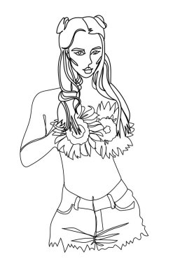 Göğsünde çiçekler olan bir kız. Şık bir iz, bir çizgi çizimi. Tuhaf, ukala, açık sözlü.
