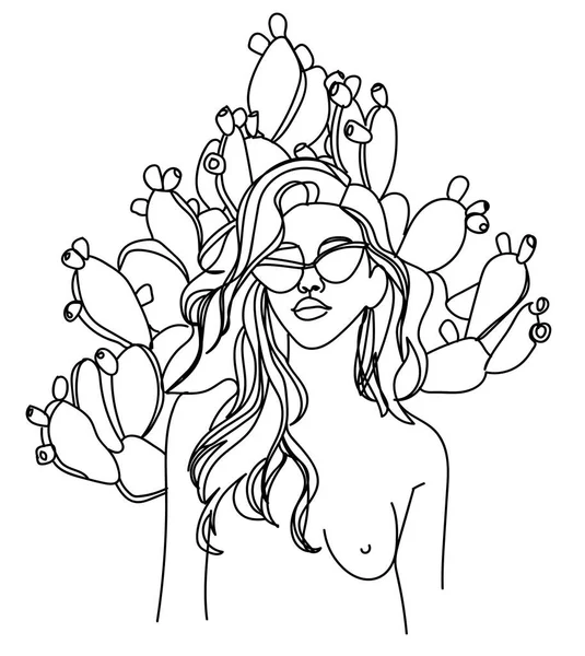 メガネにサボテンのある裸の女の子 ヒッピー砂漠よ １本の線画 女性の体の美しさ 女性の力 — ストックベクタ