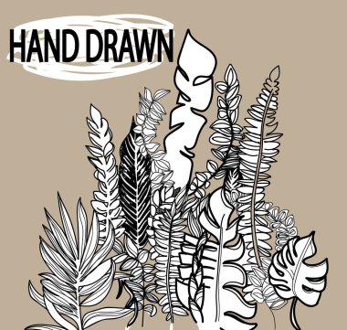 Bir tropikal bitki deseni. Elle çizim, çocuk çizimi. Kaliteli bir yaz geçmişi var. Çocuk çizimi.