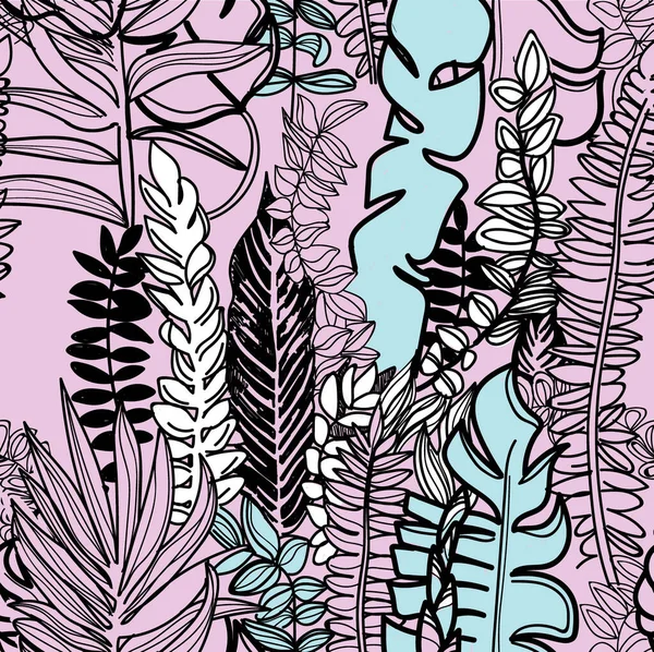 Nahtloses Muster Tropischer Pflanzen Handzeichnen Kinderzeichnen Stilvoller Sommerhintergrund Vintage Stil — Stockvektor