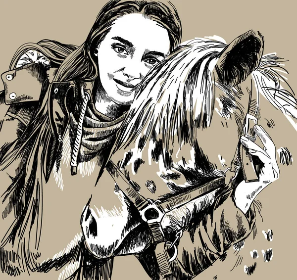 Girl with a horse. One line drawing. The woman hugs the pony. Love to animals, horse riding, farm.