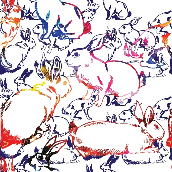 Seamless pattern with bunnies and hares. Cute background. Freehand drawing in vintage style.