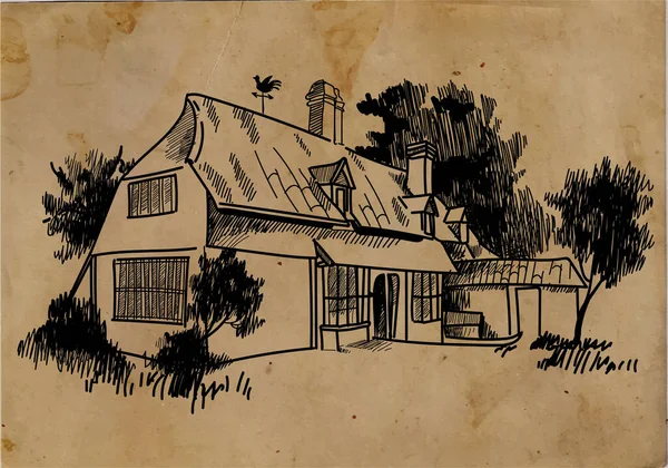 一个老庄园 房子在树间的山上 带花园的房子古董画 — 图库矢量图片