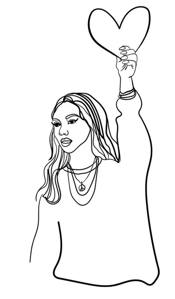 彼女の手に心臓を持つ少女 平和的な抗議 愛の象徴 — ストックベクタ