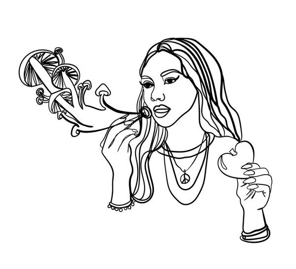 Mantarlı Kız Soyut Baskı Psikedelik Desen Sürrealizm Bir Çizgi Çiziyorum — Stok Vektör