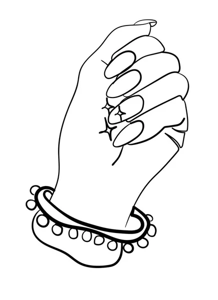 有长指甲和民族手镯的女人的手单线绘图 — 图库矢量图片