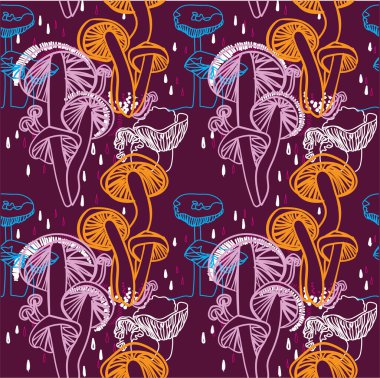 Mantarlı kusursuz desen. Botanik parmak izi. Mantar toplama, ormandan hediyeler. Bir çizgi çizimi.