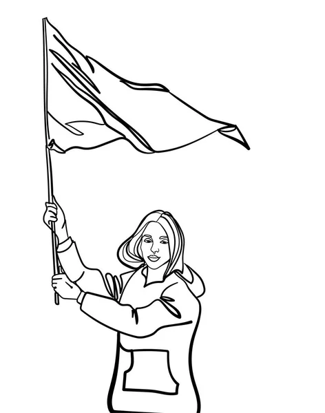少女は旗を振っている 旗を持った少女 自由の象徴だ 線を引く — ストックベクタ