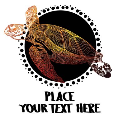 Deniz kaplumbağası. Klasik tarzda el çizimi. Çocuklar için meditasyon kitabı. Oklar, noktalar, desenler, pullar, vuruşlar, yünler. Kuş, logo.