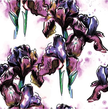 İris çiçekleriyle kusursuz desen. Elle çizim. Parlak suluboya lekesi. Renkli boya lekeleri. Stil yaz arkaplanı.