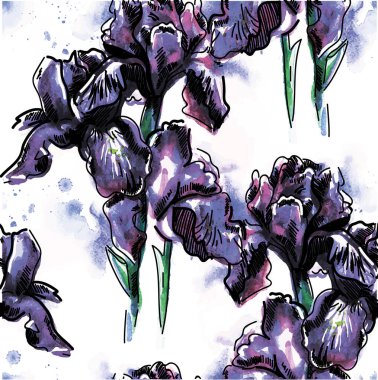 İris çiçekleriyle kusursuz desen. Elle çizim. Parlak suluboya lekesi. Renkli boya lekeleri. Stil yaz arkaplanı.