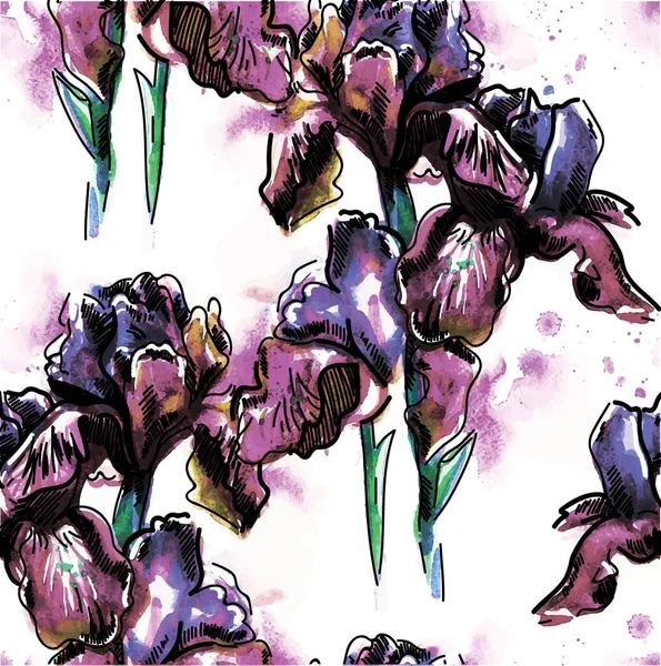 İris çiçekleriyle kusursuz desen. Elle çizim. Parlak suluboya lekesi. Renkli boya lekeleri. Stil yaz arkaplanı.