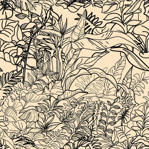Patrón Sin Costuras Con Palmeras Plátano Hojas Grandes Plantas Tropicales — Archivo Imágenes Vectoriales